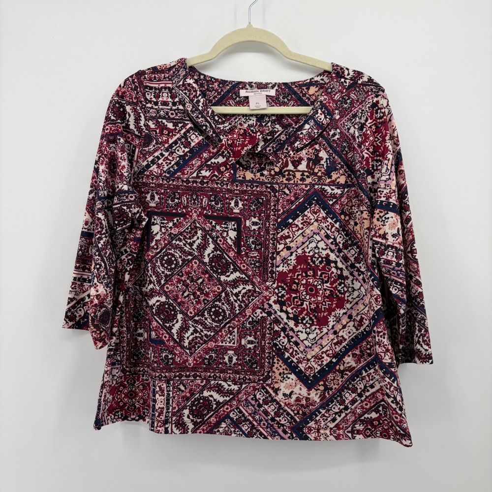 Allison Daley Womens PL Burgundy Geometric 3/4 Sleeve Scoop Neck Blouse